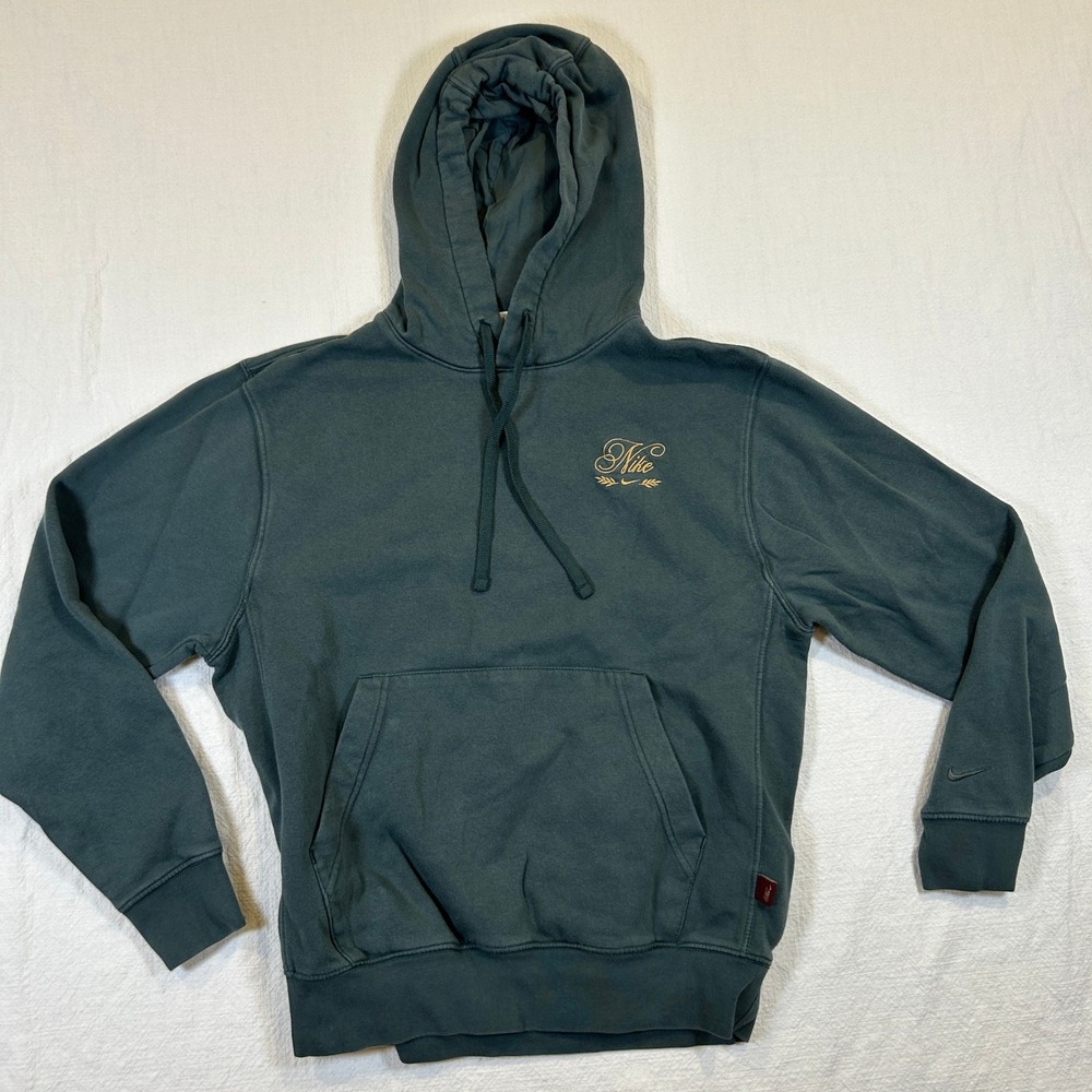 Nike Mens Script Logo Fleece Hoodie Dark Green Gold Embroidered Small